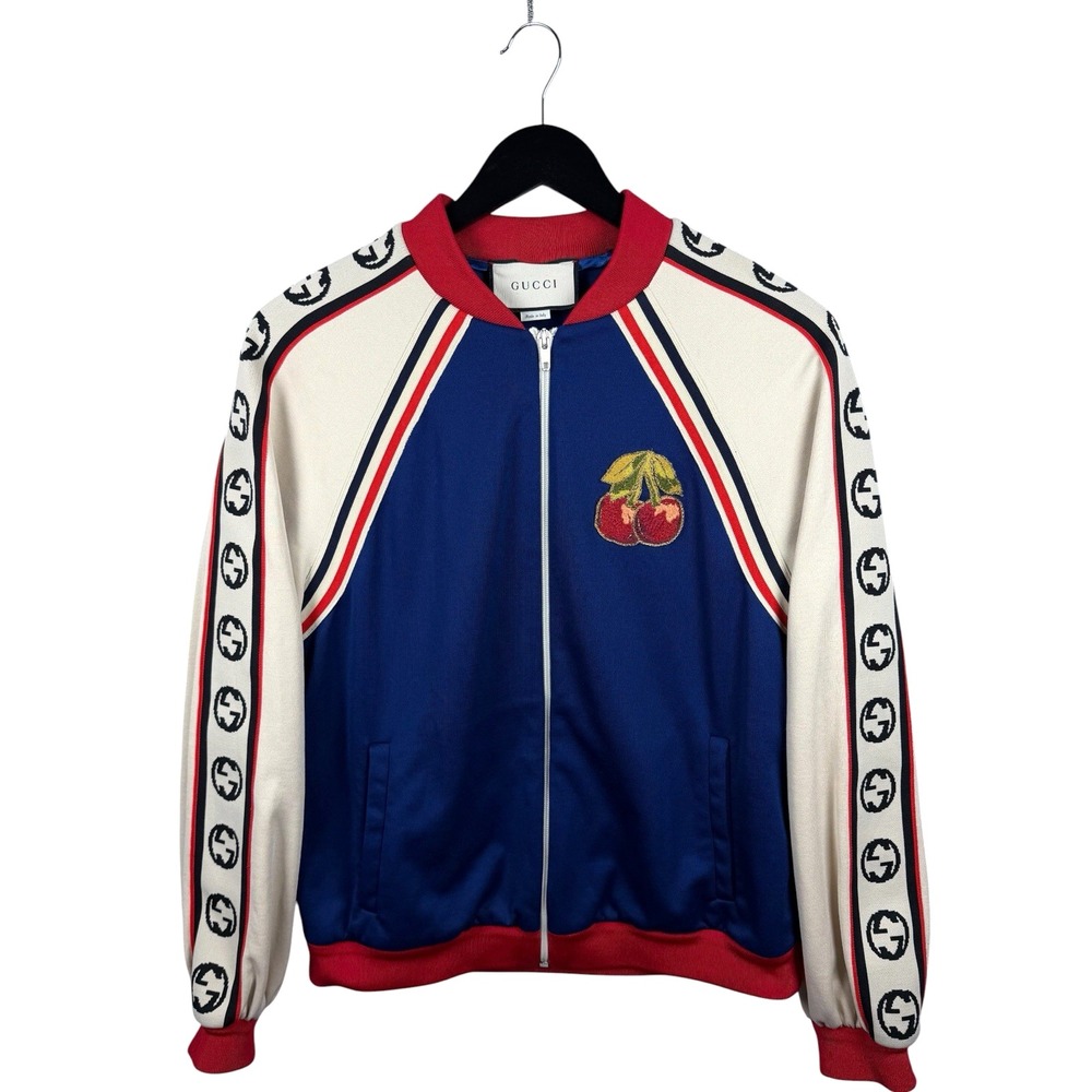 Gucci Cherry Patch Full Zip Bomber Jacket Size M in Navy, Beige, Red, GG Trim